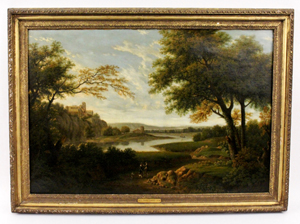 Oil on canvas painting by George Lambert (Br., 1700-1765), a classical landscape with figures (est. $25,000-$40,000).